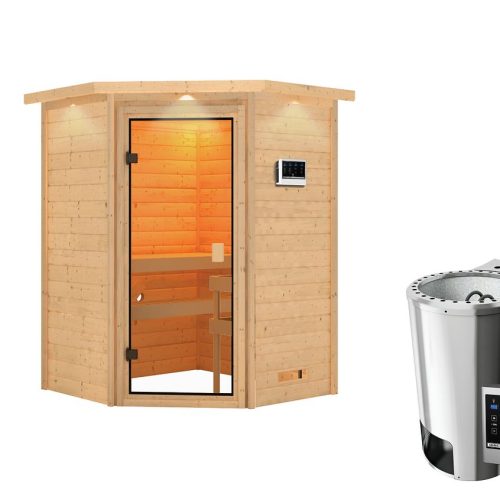 Karibu Woodfeeling Sauna Antonia - 38 mm Bronzierte Ganzglastür Inkl. Dachkranz 3,6 kW Plug&Play Bio-Kombiofen inkl. Steuergerät