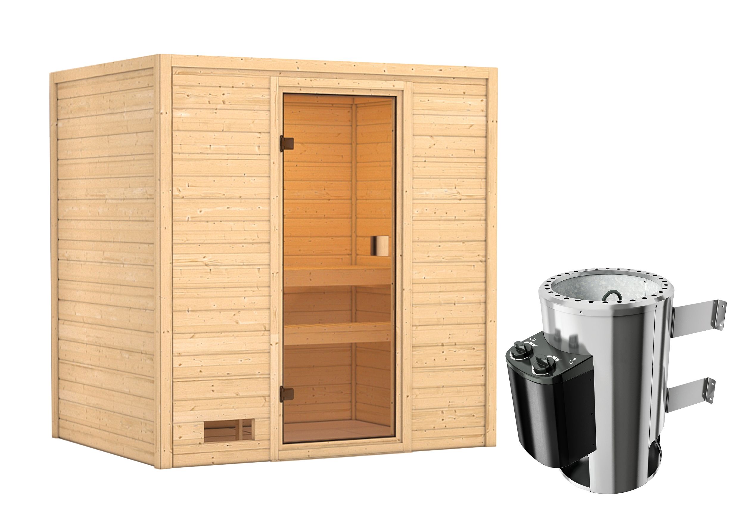 Karibu Woodfeeling Sauna Selena - 38 mm Bronzierte Ganzglastür Ohne Dachkranz 3,6 kW Plug&Play Ofen integr. Steuerung