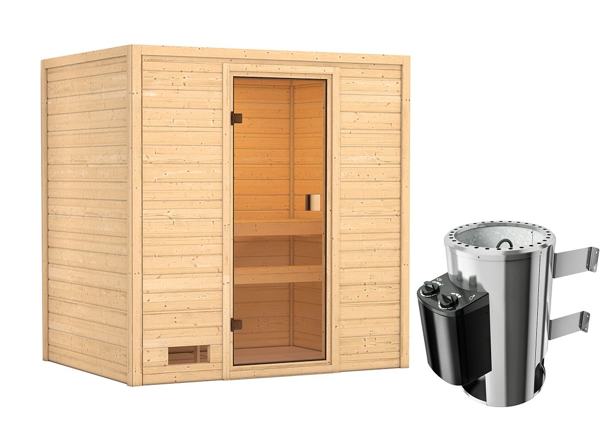 Karibu Woodfeeling Sauna Selena - 38 mm Bronzierte Ganzglastür Ohne Dachkranz 3,6 kW Plug&Play Ofen integr. Steuerung