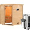 Karibu Woodfeeling Sauna Jella - 38 mm Bronzierte Ganzglastür Inkl. Dachkranz 3,6 kW Plug&Play Ofen inkl. Steuergerät