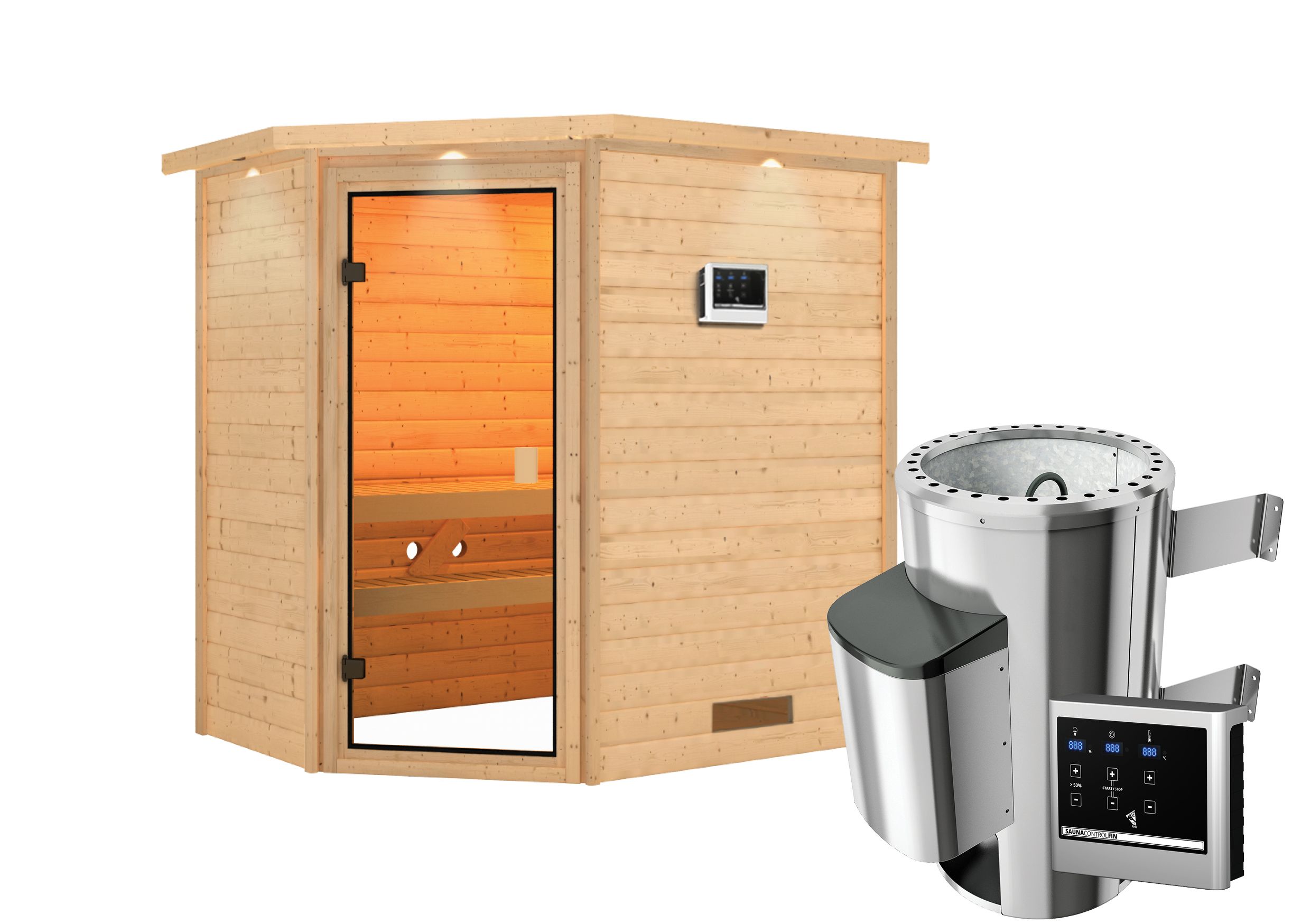 Karibu Woodfeeling Sauna Jella - 38 mm Bronzierte Ganzglastür Inkl. Dachkranz 3,6 kW Plug&Play Ofen inkl. Steuergerät