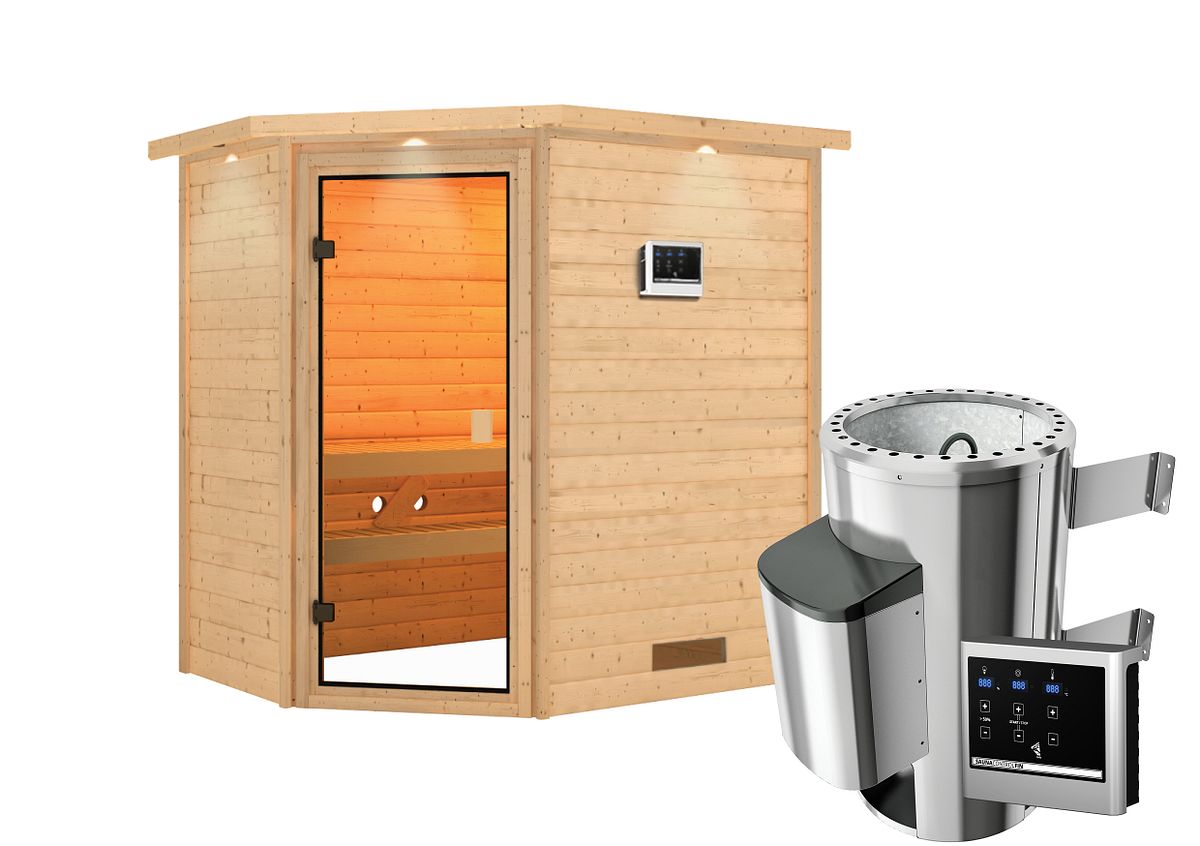 Karibu Woodfeeling Sauna Jella - 38 mm Bronzierte Ganzglastür Inkl. Dachkranz 3,6 kW Plug&Play Ofen inkl. Steuergerät