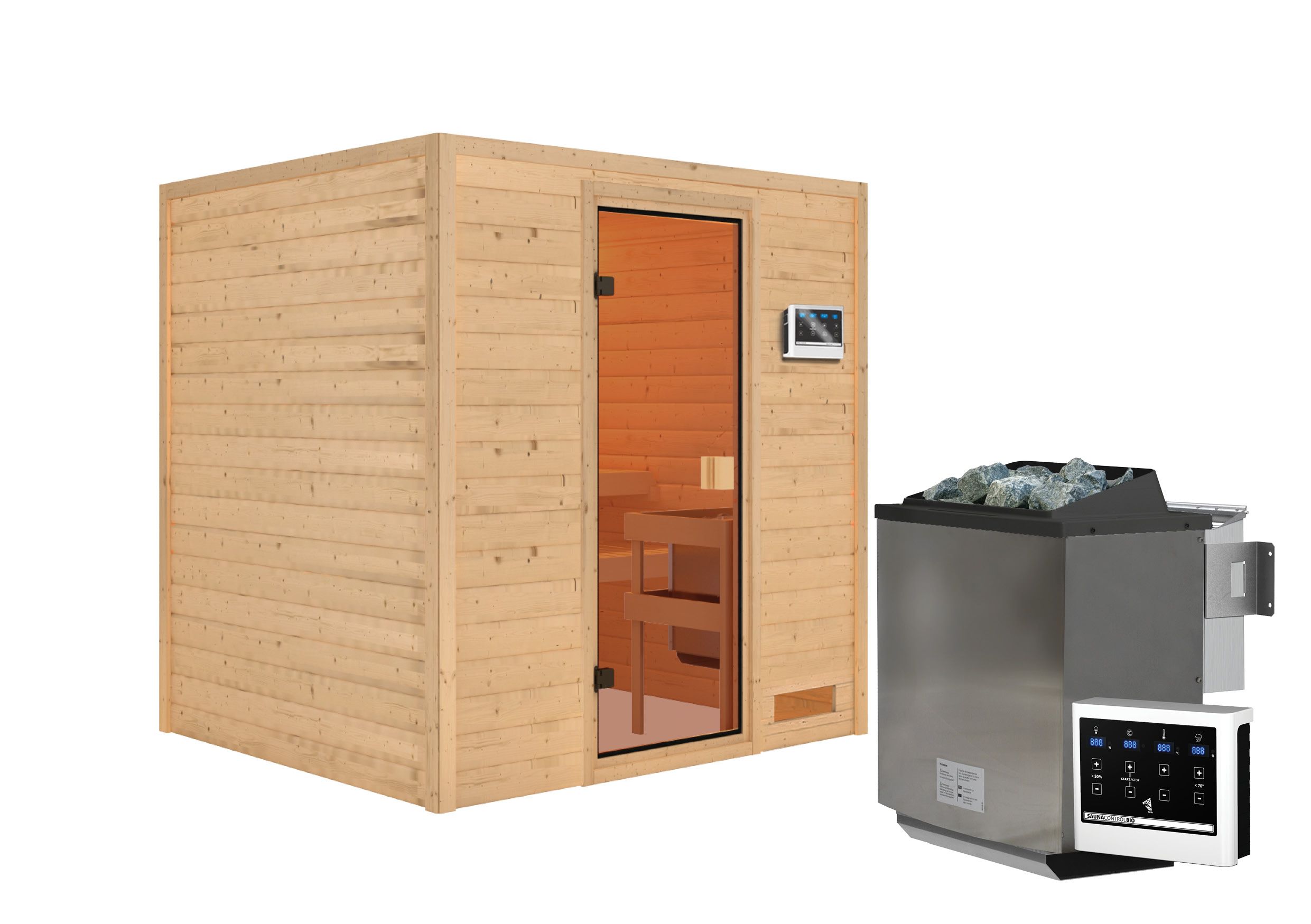 Karibu Woodfeeling Sauna Adelina - 38 mm Bronzierte Ganzglastür Ohne Dachkranz 9 kW Bio-Kombiofen inkl. Steuergerät - Gallery 1 Karibu Woodfeeling Sauna Adelina - 38 mm Bronzierte Ganzglastür Ohne Dachkranz 9 kW Bio-Kombiofen inkl. Steuergerät