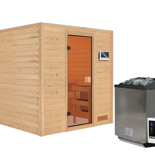 Karibu Woodfeeling Sauna Adelina - 38 mm Bronzierte Ganzglastür Ohne Dachkranz 9 kW Bio-Kombiofen inkl. Steuergerät Karibu Woodfeeling Sauna Adelina - 38 mm Bronzierte Ganzglastür Ohne Dachkranz 9 kW Bio-Kombiofen inkl. Steuergerät