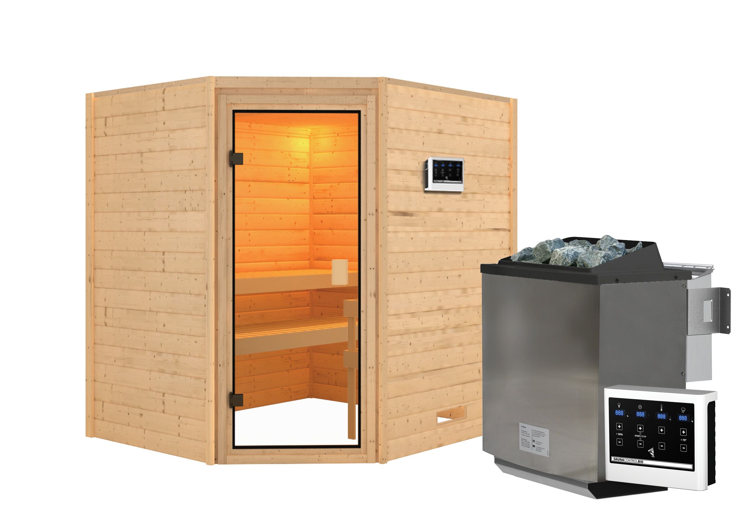Karibu Woodfeeling Sauna Elea - 38 mm Bronzierte Ganzglastür Ohne Dachkranz 9 kW Bio-Kombiofen inkl. Steuergerät - Gallery 1 Karibu Woodfeeling Sauna Elea - 38 mm Bronzierte Ganzglastür Ohne Dachkranz 9 kW Bio-Kombiofen inkl. Steuergerät