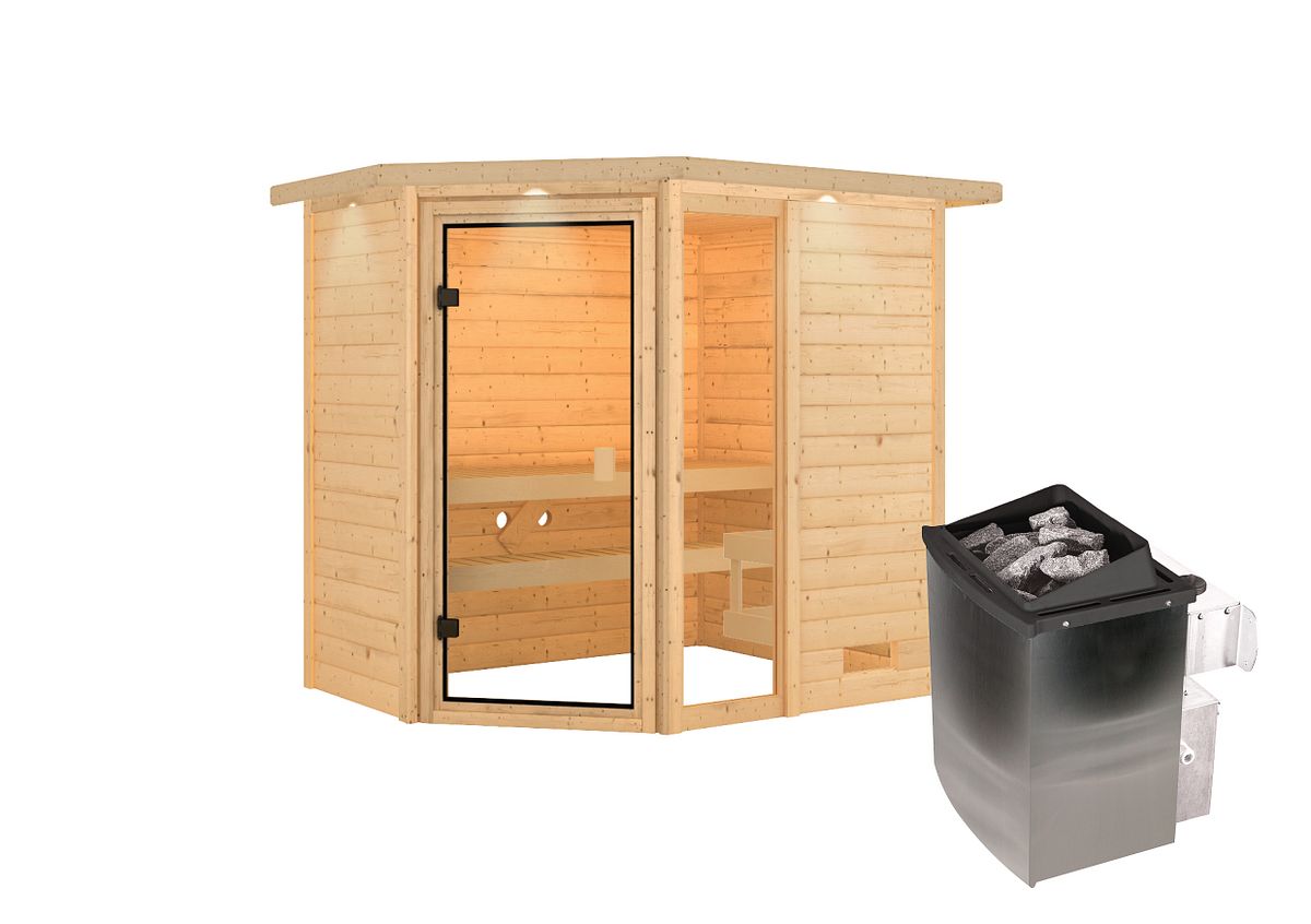 Karibu Woodfeeling Sauna Jada - 38 mm Bronzierte Ganzglastür Inkl. Dachkranz 9 kW Ofen integr. Steuerung Karibu Woodfeeling Sauna Jada - 38 mm Bronzierte Ganzglastür Inkl. Dachkranz 9 kW Ofen integr. Steuerung