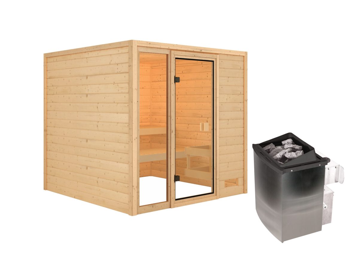 Karibu Woodfeeling Sauna Jutta – 38 mm Bronzierte Ganzglastür Ohne Dachkranz 9 kW Ofen integr. Steuerung - Gallery 1 Karibu Woodfeeling Sauna Jutta – 38 mm Bronzierte Ganzglastür Ohne Dachkranz 9 kW Ofen integr. Steuerung