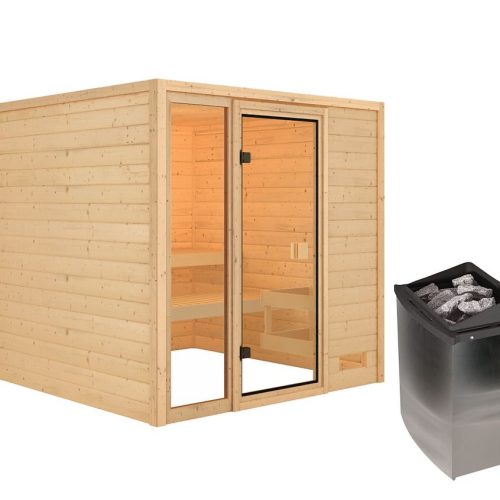 Karibu Woodfeeling Sauna Jutta – 38 mm Bronzierte Ganzglastür Ohne Dachkranz 9 kW Ofen integr. Steuerung