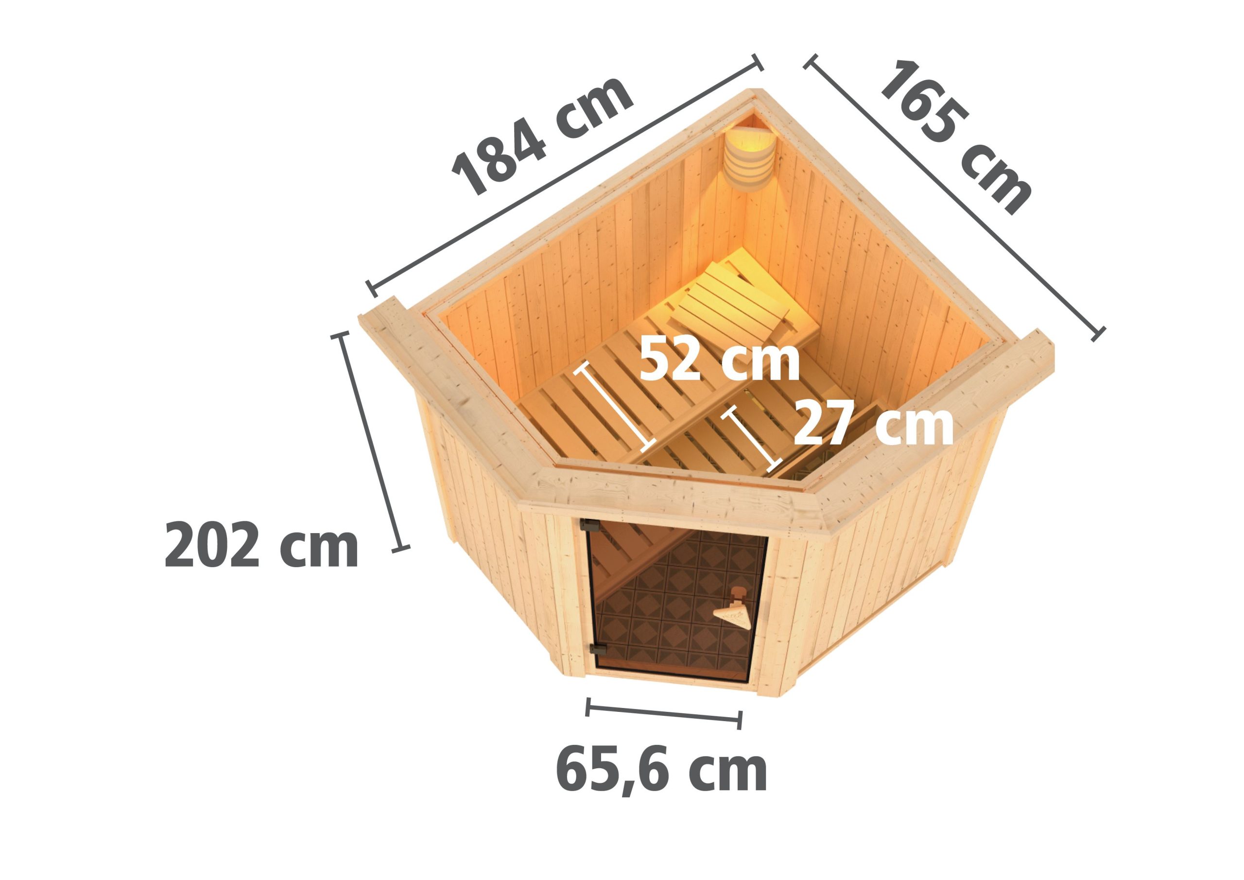 Karibu Sauna Taurin mit Eckeinstieg 68 mm-Ohne Ofen-Inkl. Dachkranz-Ganzglastür in Graphit-Optik - Gallery 4 Karibu Sauna Taurin mit Eckeinstieg 68 mm-Ohne Ofen-Inkl. Dachkranz-Ganzglastür in Graphit-Optik