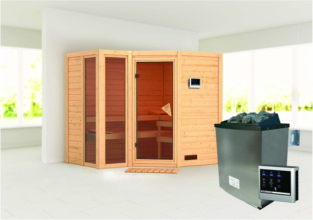 Massivholzsauna AMARA 236 x 184 m 40 mm 9.0 kW Ofen inkl. Steuergerät ohne Dachkranz Massivholzsauna AMARA 236 x 184 m 40 mm 9.0 kW Ofen inkl. Steuergerät ohne Dachkranz