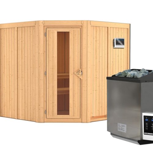 Karibu Sauna Jarin mit Eckeinstieg 68 mm-9 kW Bio-Kombiofen inkl. Steuergerät-ohne Dachkranz- Isolierte Saunatür