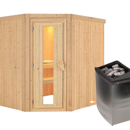 Karibu Sauna Siirin mit Eckeinstieg 68 mm-9 kW Ofen integr. Steuerung-ohne Dachkranz- Isolierte Saunatür