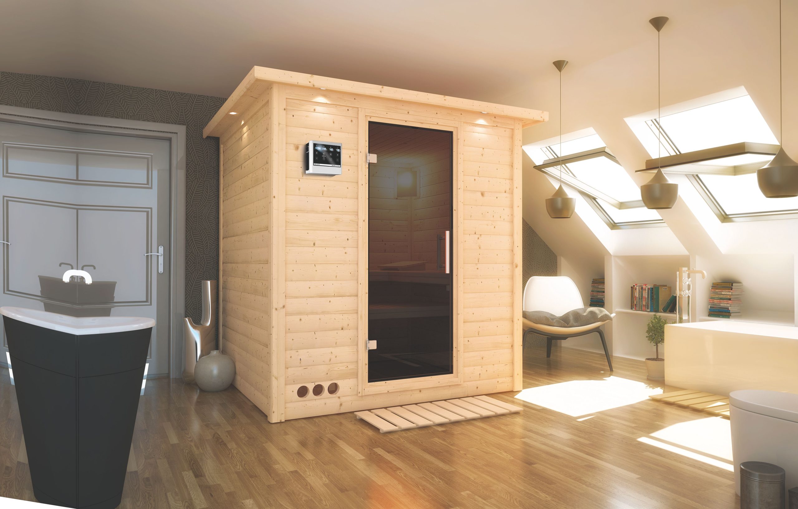 Karibu Sauna Mojave-9 kW Ofen-Steuerung-Ohne Dachkranz - Gallery 2 Karibu Sauna Mojave-9 kW Ofen-Steuerung-Ohne Dachkranz