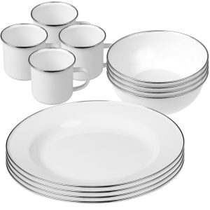 Camping Geschirr Set Emaille, 12-teilig, 4 Personen, Weiß Camping Geschirr Set Emaille, 12-teilig, 4 Personen, Weiß