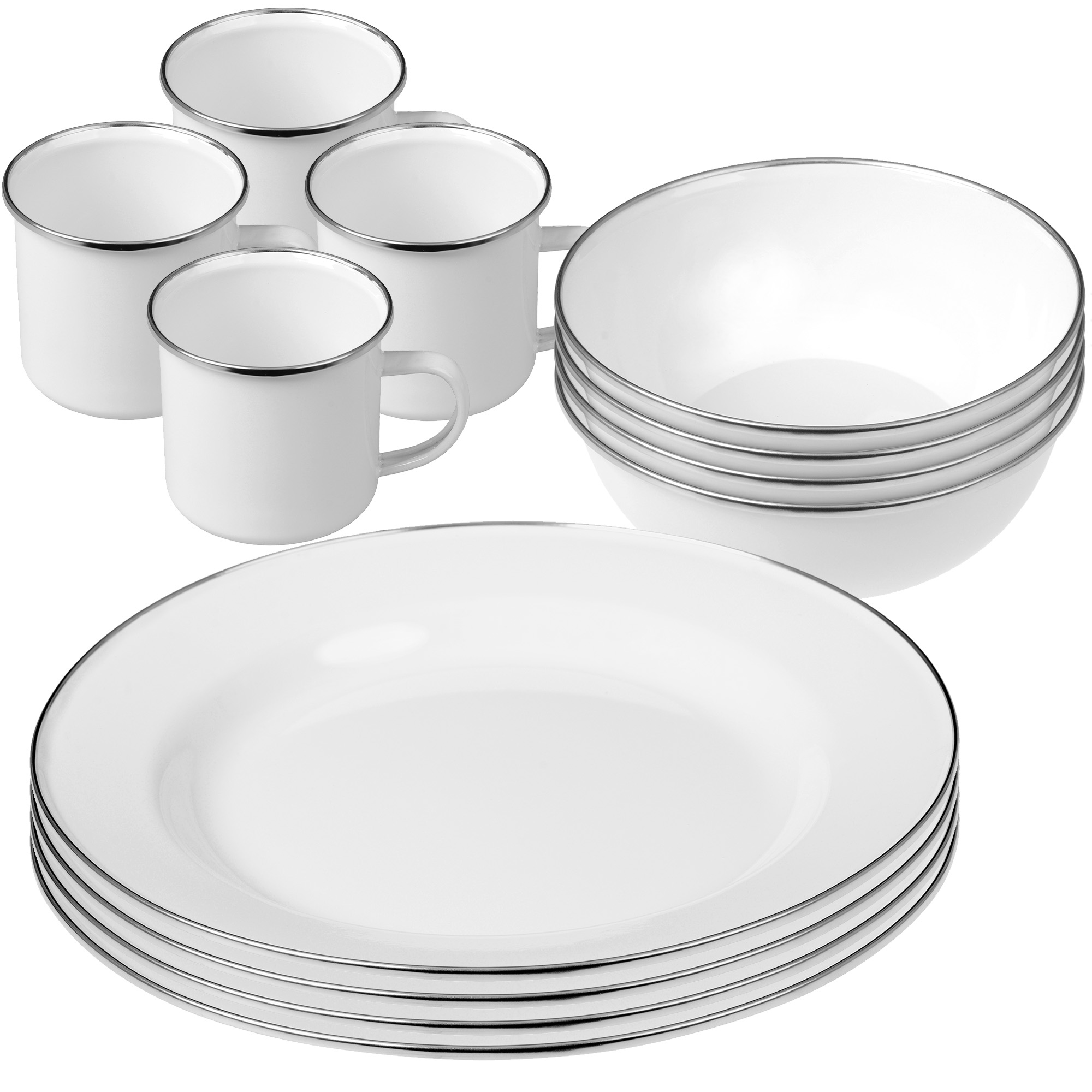 Camping Geschirr Set Emaille, 12-teilig, 4 Personen, Weiß