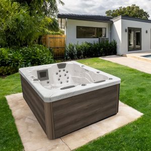 Outdoor Whirlpool mit Treppe und Thermoabdeckung WHITE MARBLE Nussbraun - 210 x 160 cm für 3 Personen