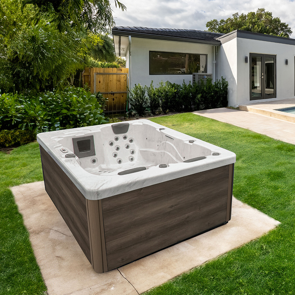 Outdoor Whirlpool mit Treppe und Thermoabdeckung WHITE MARBLE Nussbraun - 210 x 160 cm für 3 Personen Outdoor Whirlpool mit Treppe und Thermoabdeckung WHITE MARBLE Nussbraun - 210 x 160 cm für 3 Personen