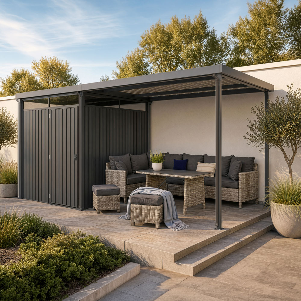 Gartenhaus inkl. Überdachung LEVANTO Anthrazit - 490 x 226 cm