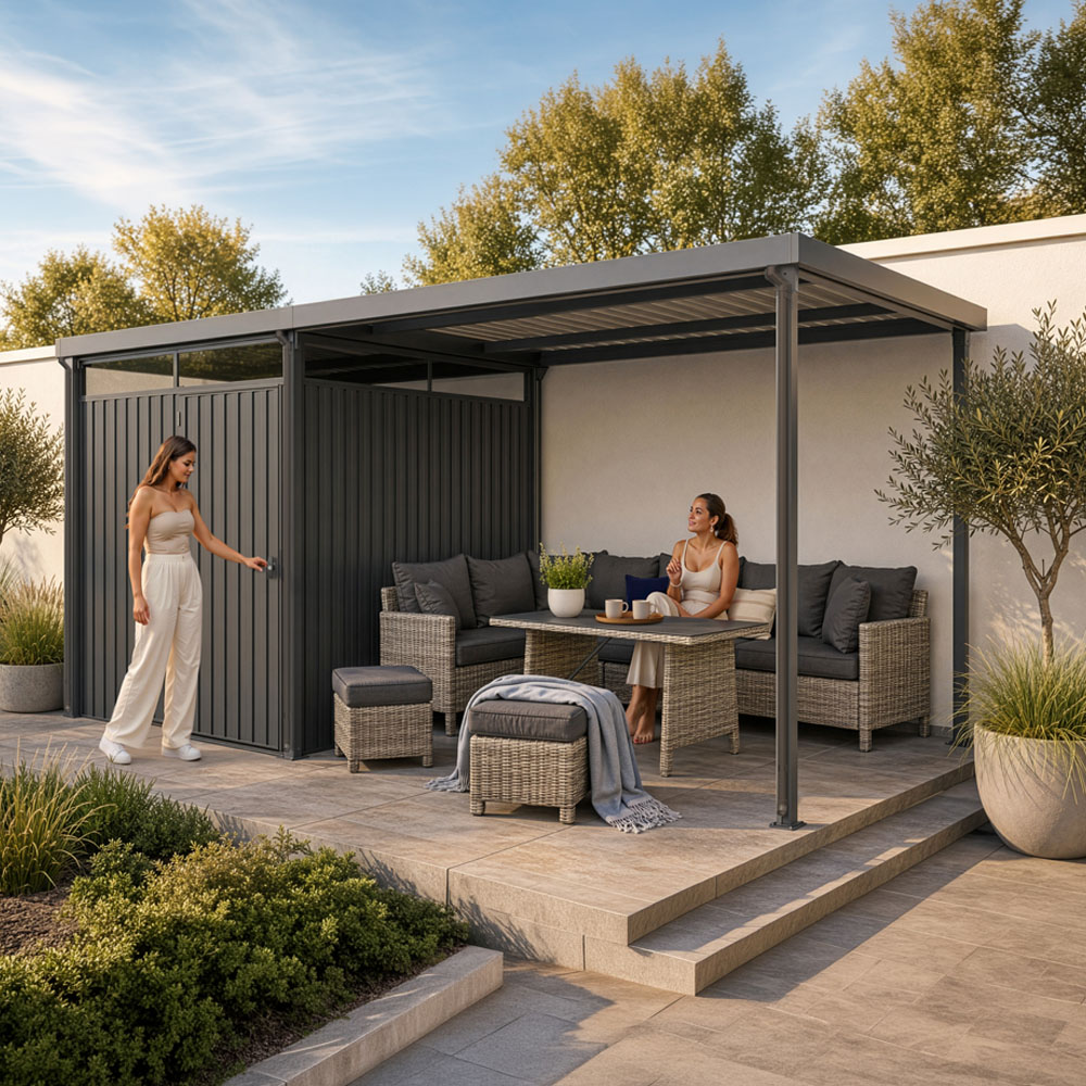 Gartenhaus inkl. Überdachung LEVANTO Anthrazit - 490 x 226 cm