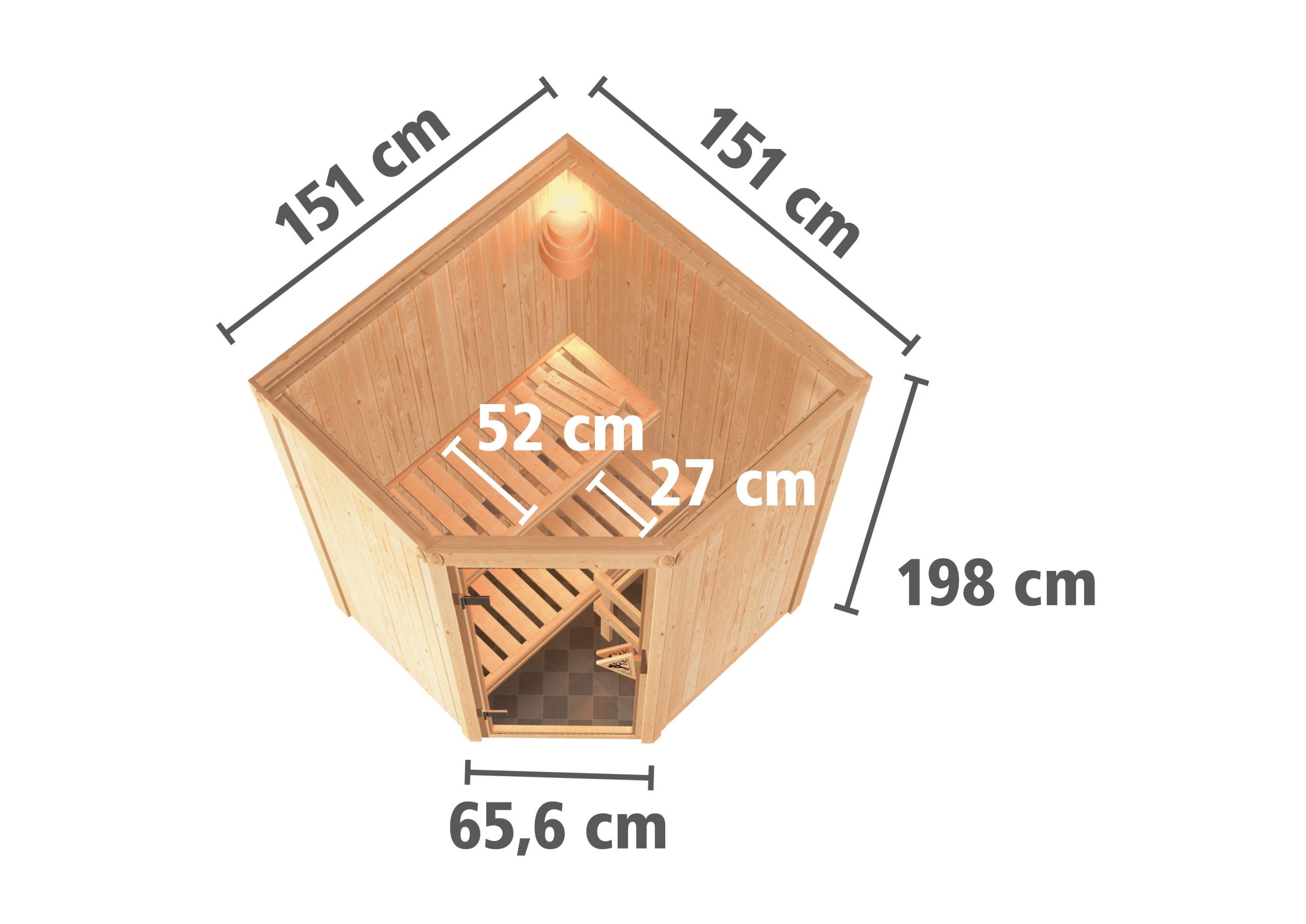Karibu Sauna Larin mit Eckeinstieg 68 mm-9 kW Ofen integr. Steuerung-ohne Dachkranz- Isolierte Saunatür