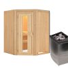 Karibu Sauna Larin mit Eckeinstieg 68 mm-9 kW Ofen integr. Steuerung-ohne Dachkranz- Isolierte Saunatür