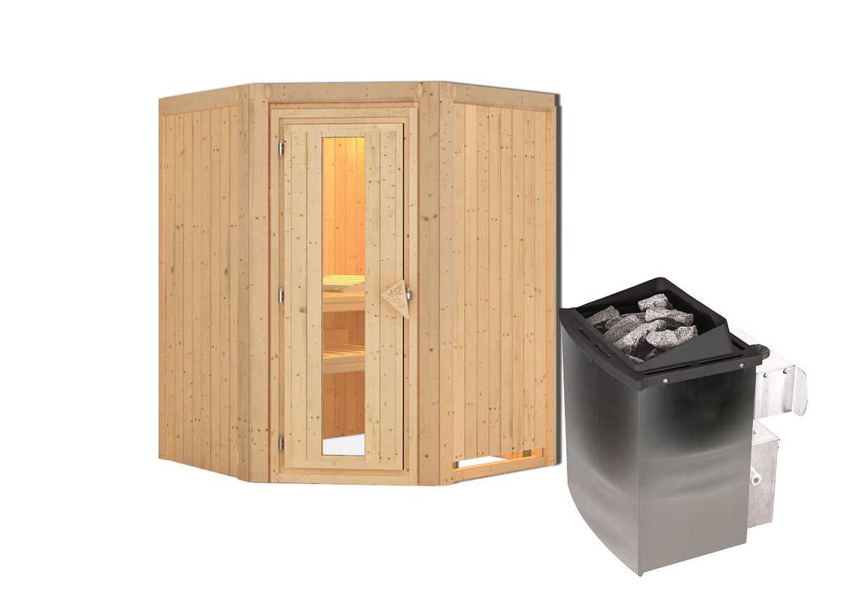 Karibu Sauna Larin mit Eckeinstieg 68 mm-9 kW Ofen integr. Steuerung-ohne Dachkranz- Isolierte Saunatür