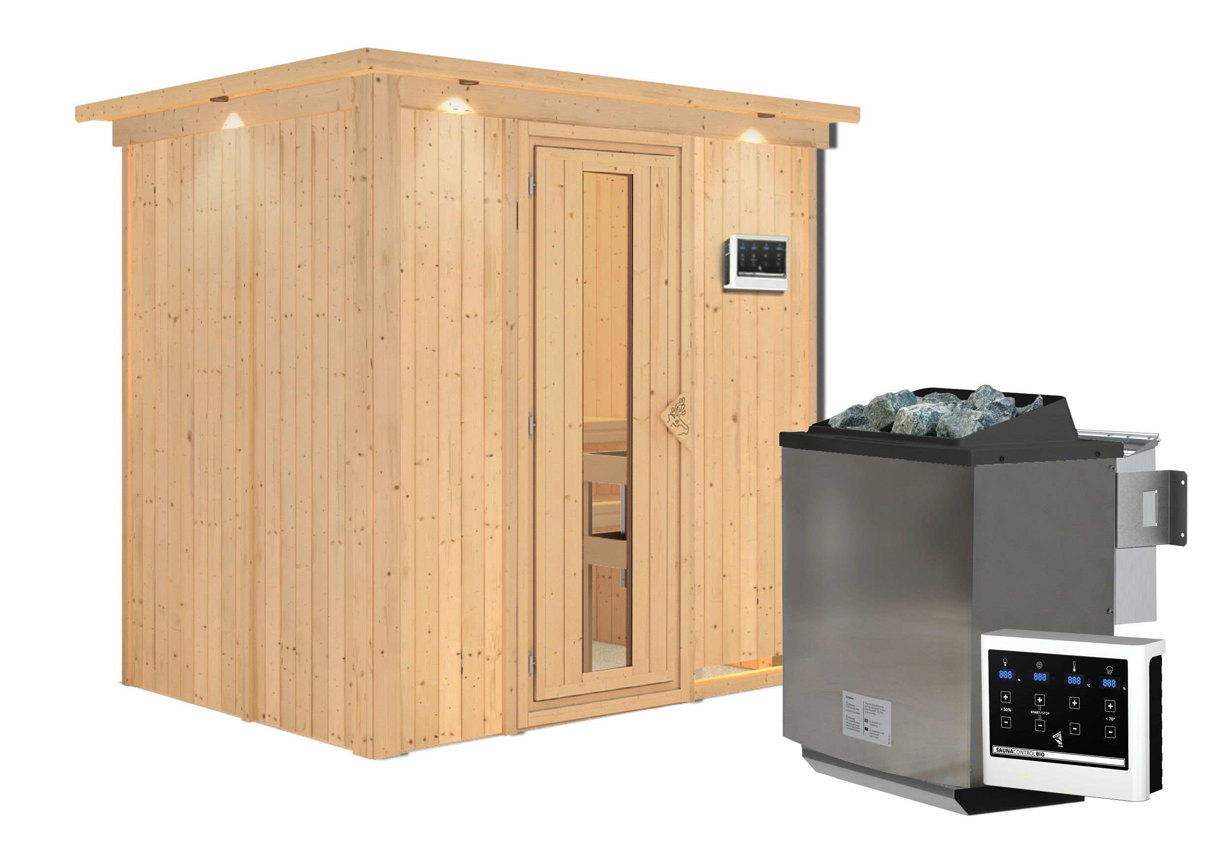 Karibu Sauna Bodin mit Fronteinstieg 68 mm-9 kW Bio-Kombiofen inkl. Steuergerät-inkl. Dachkranz- Isolierte Saunatür - Gallery 1 Karibu Sauna Bodin mit Fronteinstieg 68 mm-9 kW Bio-Kombiofen inkl. Steuergerät-inkl. Dachkranz- Isolierte Saunatür