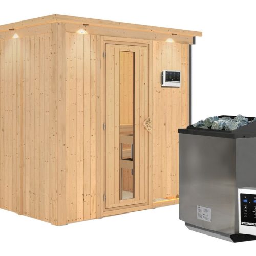 Karibu Sauna Bodin mit Fronteinstieg 68 mm-9 kW Bio-Kombiofen inkl. Steuergerät-inkl. Dachkranz- Isolierte Saunatür