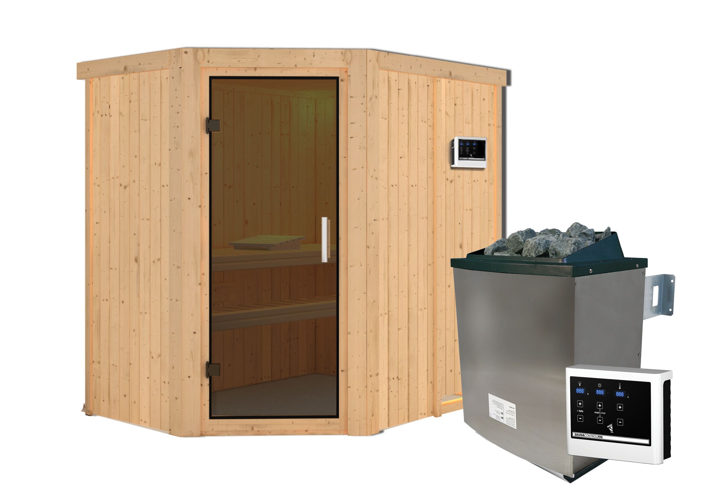Karibu Sauna Carin mit Eckeinstieg 68 mm-9 kW Ofen inkl. Steuergerät-ohne Dachkranz-Ganzglastür in Graphit-Optik - Gallery 1 Karibu Sauna Carin mit Eckeinstieg 68 mm-9 kW Ofen inkl. Steuergerät-ohne Dachkranz-Ganzglastür in Graphit-Optik