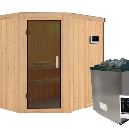 Karibu Sauna Carin mit Eckeinstieg 68 mm-9 kW Ofen inkl. Steuergerät-ohne Dachkranz-Ganzglastür in Graphit-Optik Karibu Sauna Carin mit Eckeinstieg 68 mm-9 kW Ofen inkl. Steuergerät-ohne Dachkranz-Ganzglastür in Graphit-Optik