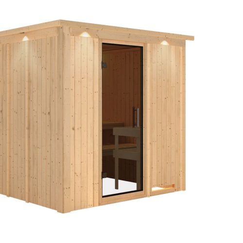 Karibu Sauna Sodin mit Fronteinstieg 68 mm-Ohne Ofen-inkl. Dachkranz-Ganzglastür in Graphit-Optik Karibu Sauna Sodin mit Fronteinstieg 68 mm-Ohne Ofen-inkl. Dachkranz-Ganzglastür in Graphit-Optik