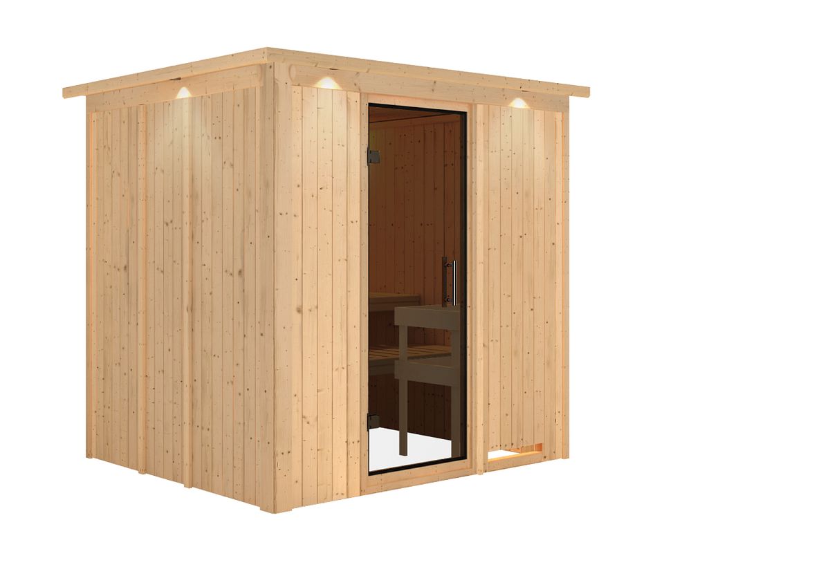 Karibu Sauna Sodin mit Fronteinstieg 68 mm-Ohne Ofen-inkl. Dachkranz-Ganzglastür in Graphit-Optik Karibu Sauna Sodin mit Fronteinstieg 68 mm-Ohne Ofen-inkl. Dachkranz-Ganzglastür in Graphit-Optik