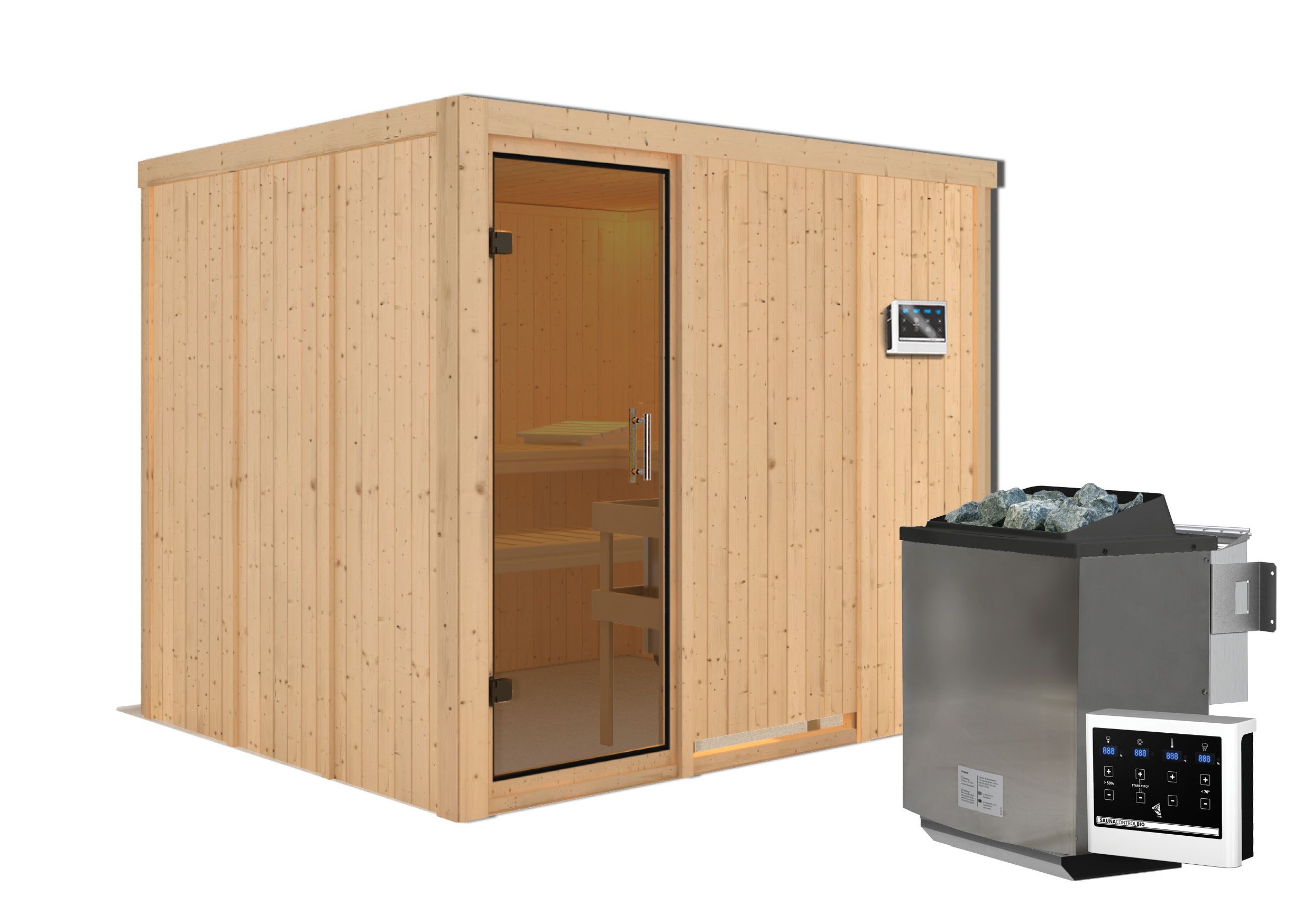 Karibu Sauna Gobin mit Fronteinstieg 68 mm-9 kW Bio-Kombiofen inkl. Steuergerät-ohne Dachkranz-Ganzglastür in Graphit-Optik - Gallery 1 Karibu Sauna Gobin mit Fronteinstieg 68 mm-9 kW Bio-Kombiofen inkl. Steuergerät-ohne Dachkranz-Ganzglastür in Graphit-Optik