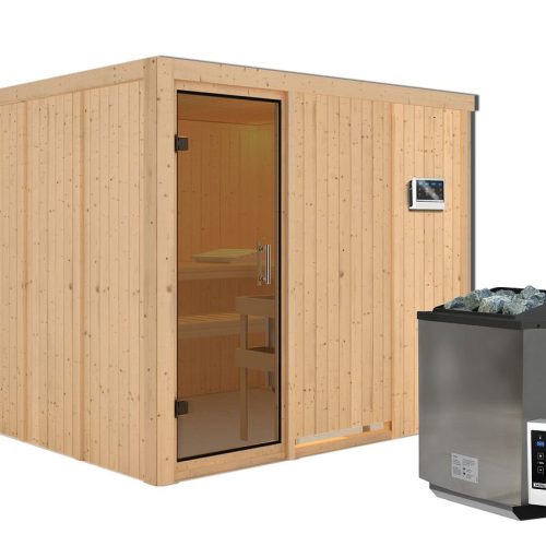 Karibu Sauna Gobin mit Fronteinstieg 68 mm-9 kW Bio-Kombiofen inkl. Steuergerät-ohne Dachkranz-Ganzglastür in Graphit-Optik