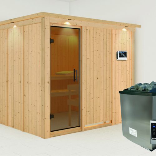 Sauna GOBIN 231 x 196 m 9.0 kW Ofen inkl. Steuergerät mit Dachkranz Ganzglastür graphit