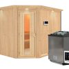 Karibu Sauna Malin mit Eckeinstieg 68 mm-9 kW Bio-Kombiofen inkl. Steuergerät-inkl. Dachkranz- Isolierte Saunatür