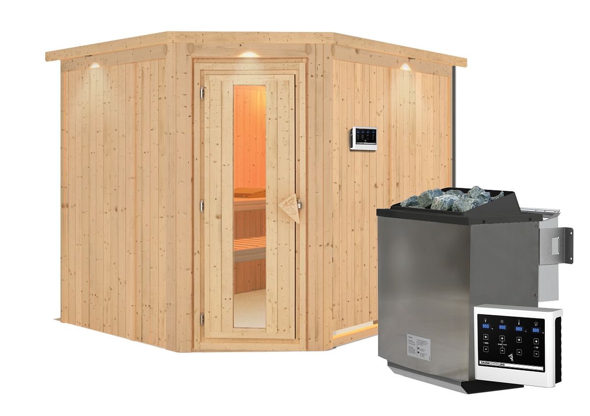 Karibu Sauna Malin mit Eckeinstieg 68 mm-9 kW Bio-Kombiofen inkl. Steuergerät-inkl. Dachkranz- Isolierte Saunatür