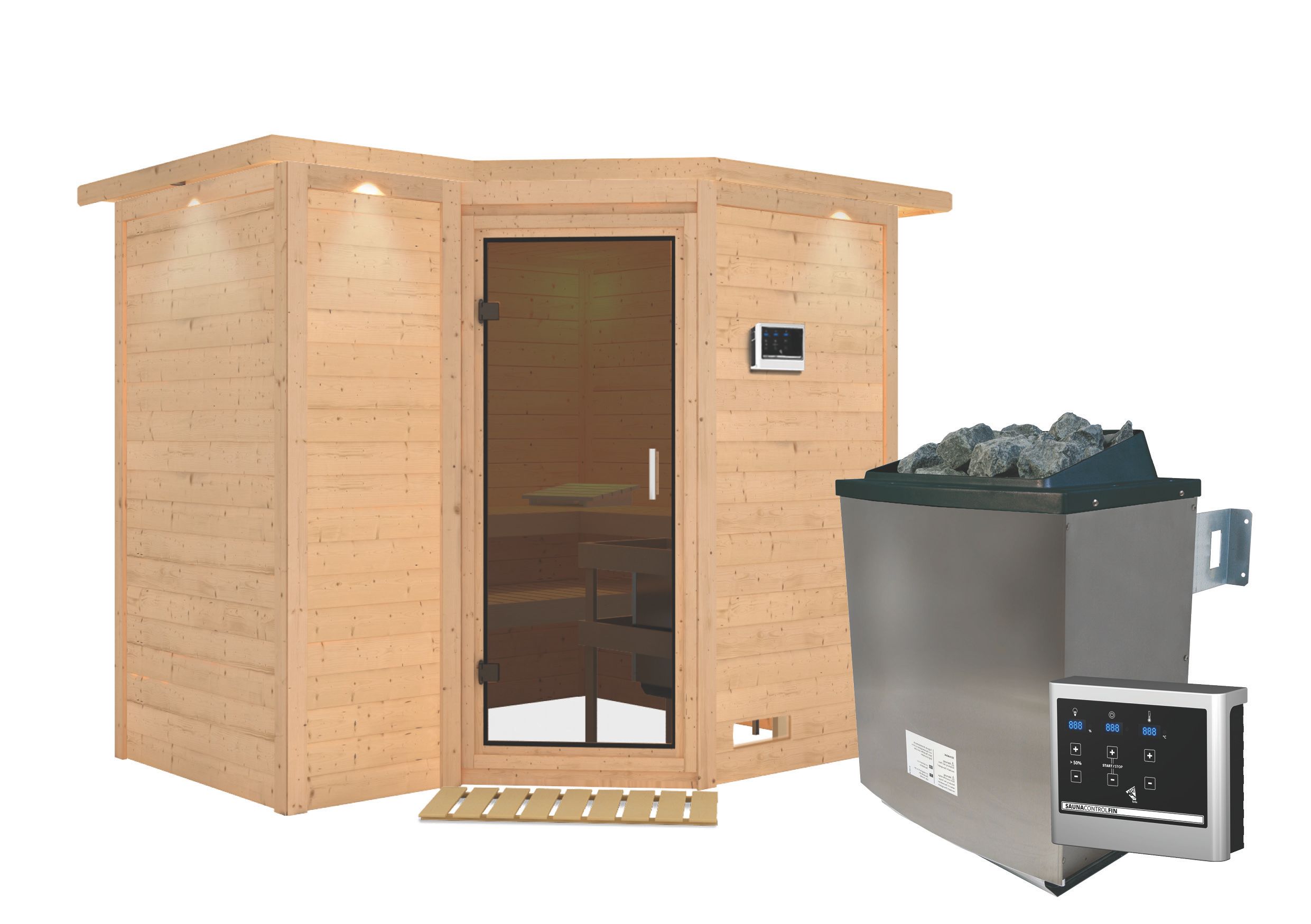 Karibu Sahib 2-Sauna 40mm -Eckeinstieg - Exklusivoptik-9 kW Ofen inkl. Steuergerät-inkl. Dachkranz-Ganzglastür in Graphit-Optik - Gallery 1 Karibu Sahib 2-Sauna 40mm -Eckeinstieg - Exklusivoptik-9 kW Ofen inkl. Steuergerät-inkl. Dachkranz-Ganzglastür in Graphit-Optik