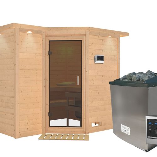 Karibu Sahib 2-Sauna 40mm -Eckeinstieg - Exklusivoptik-9 kW Ofen inkl. Steuergerät-inkl. Dachkranz-Ganzglastür in Graphit-Optik