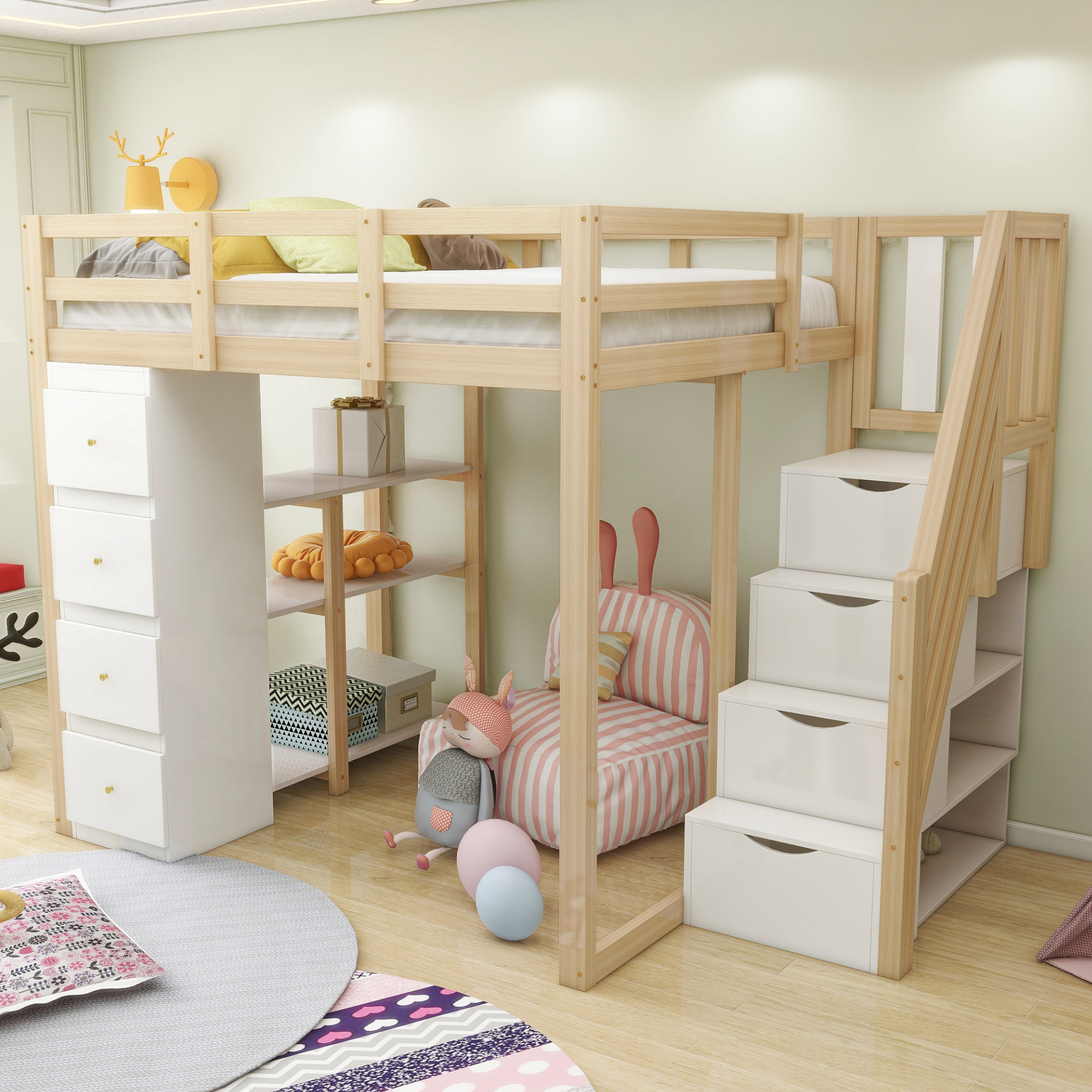 Hochbett 140x200 Cm, Kinderbett Mit 4 Schubladen, Aufbewahrungsleiter, Ausfallschutz-gitter, Lattenrost, Design In Massivholz, Natur Hochbett 140x200 Cm, Kinderbett Mit 4 Schubladen, Aufbewahrungsleiter, Ausfallschutz-gitter, Lattenrost, Design In Massivholz, Natur