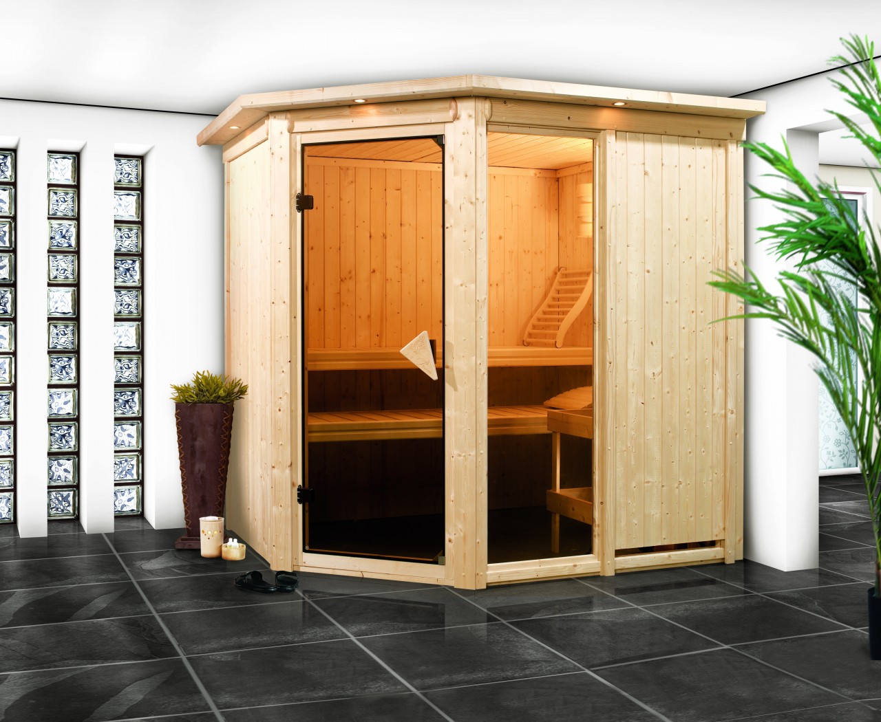 Sauna FIONA 1 196 x 151 m 9.0 kW BioKombiofen inkl. Steuergerät ohne Dachkranz