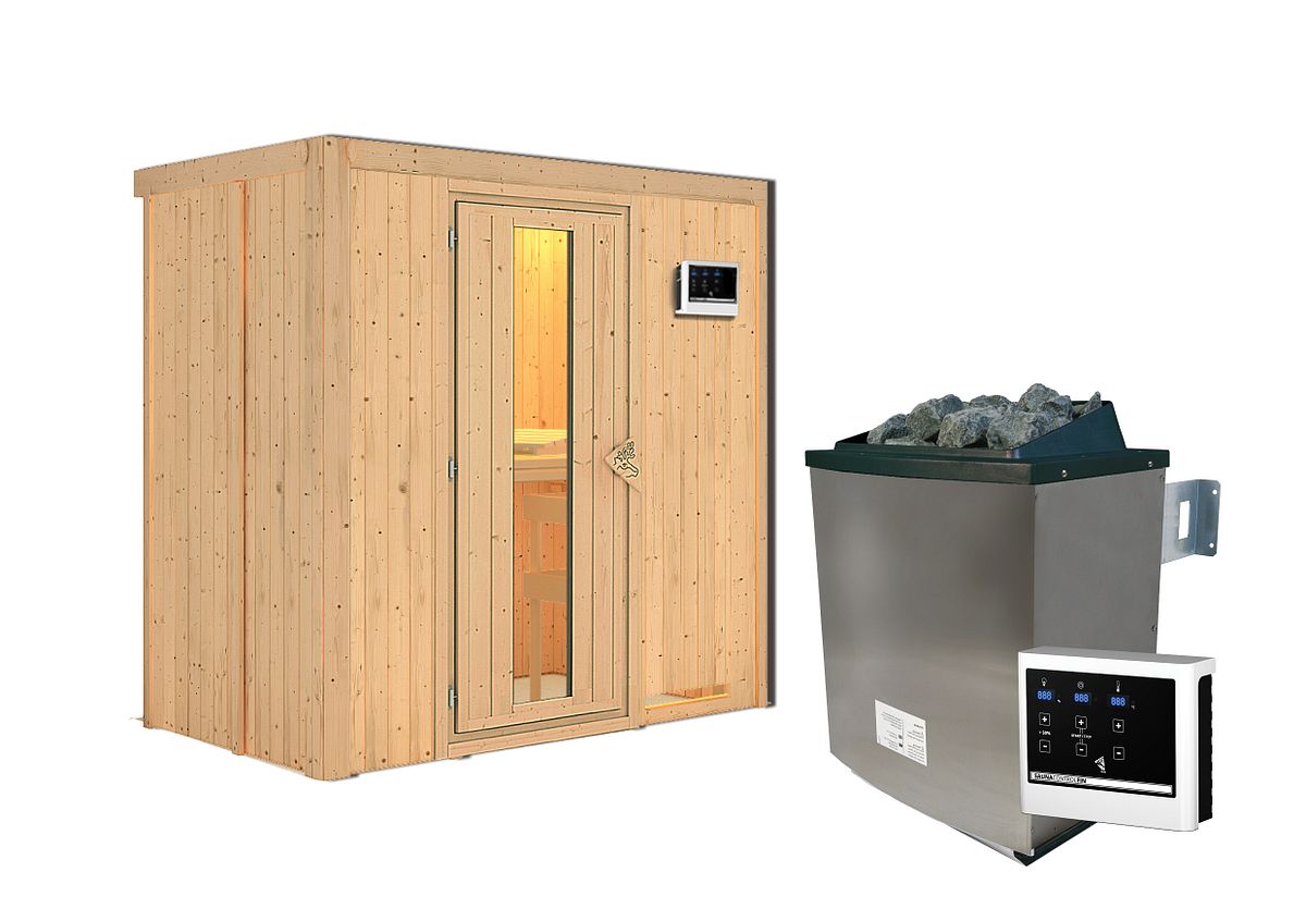 Karibu Sauna Variado mit Fronteinstieg 68 mm - 9 kW Ofen inkl. Steuergerät- Isolierte Saunatür