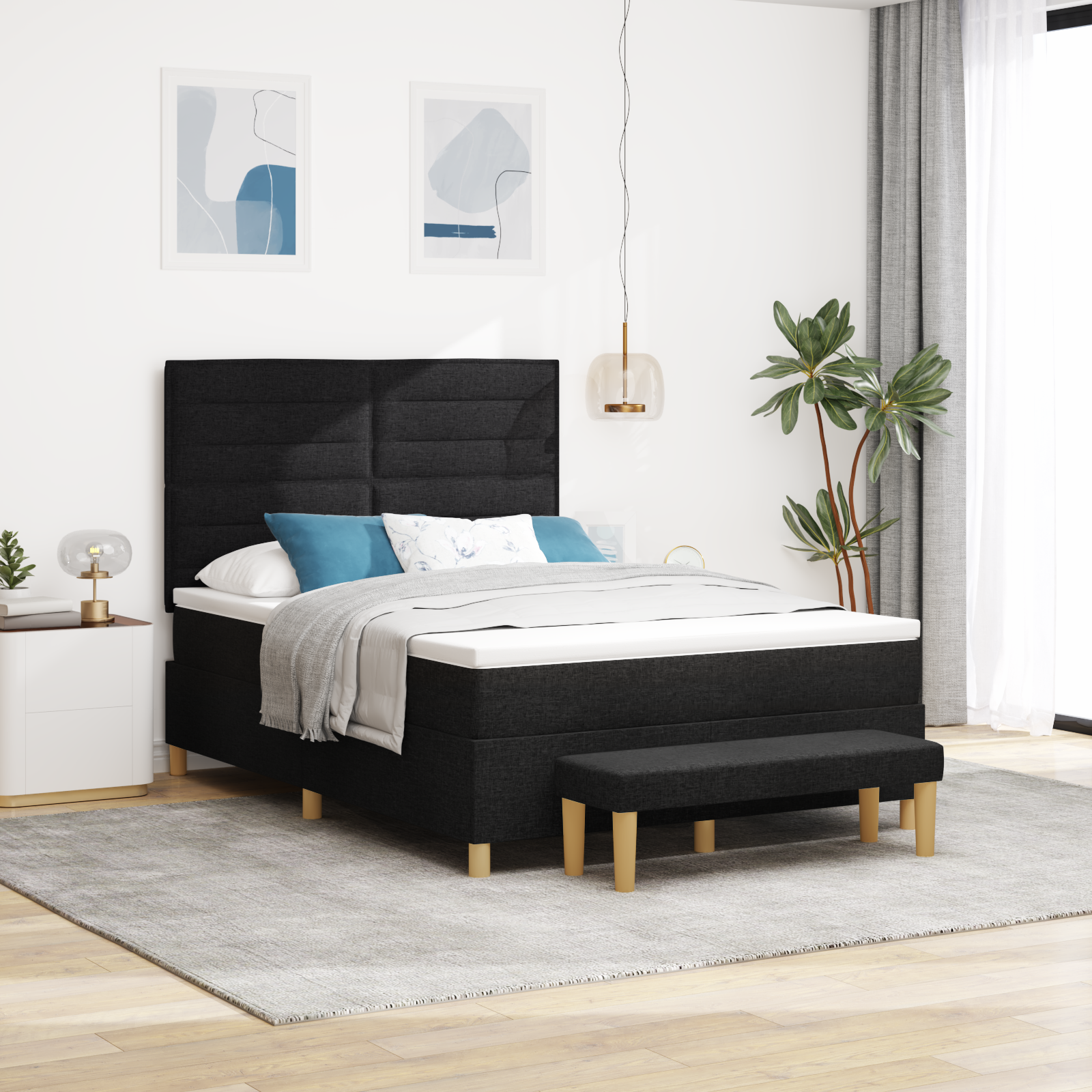 Vidaxl Boxspringbett Mit Matratze & Bank Schwarz 140x200 Cm Stoff Vidaxl Boxspringbett Mit Matratze & Bank Schwarz 140x200 Cm Stoff