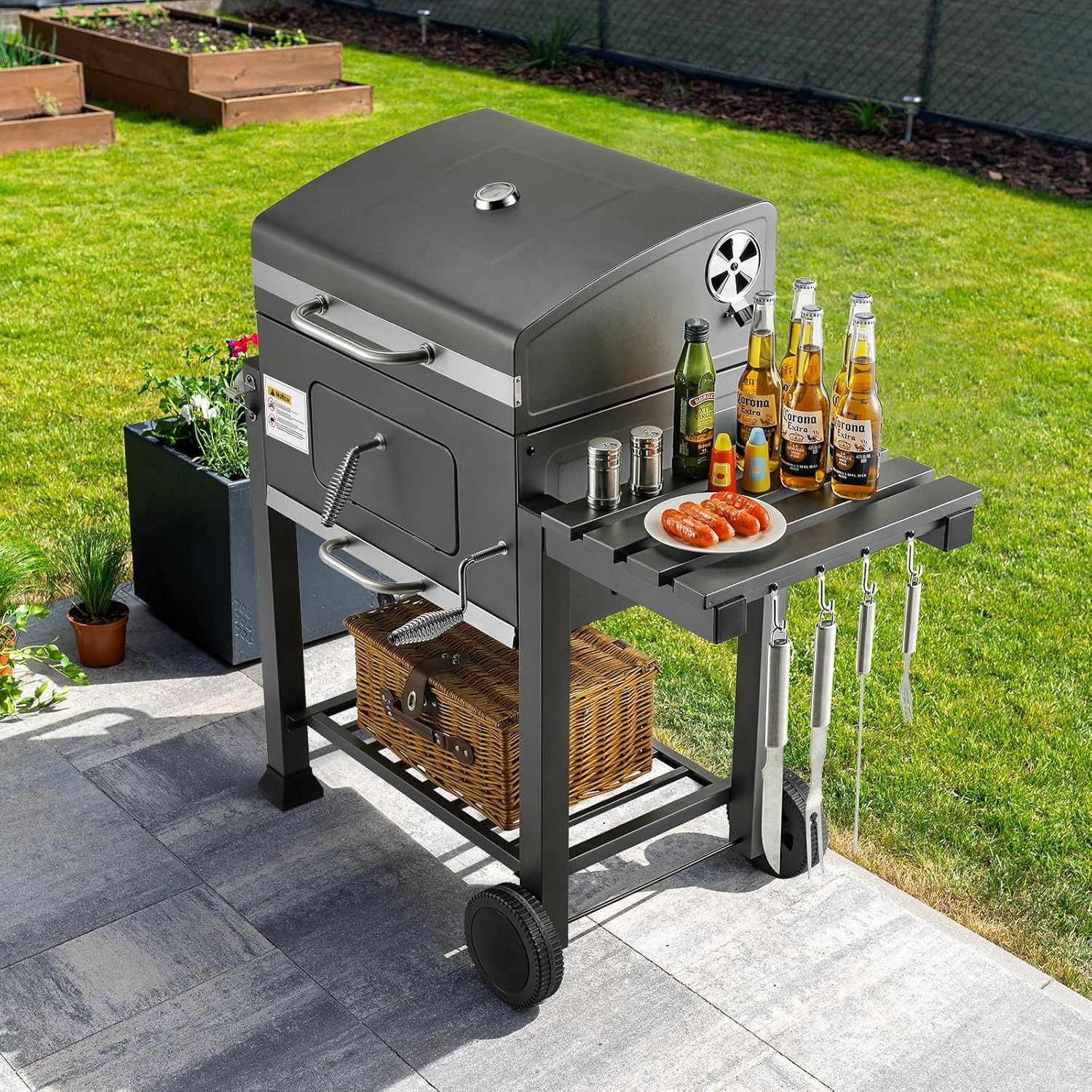 Holzkohlegrill Grillwagen Standgrill Bbq Smoker Gartengrill Mit Deckel 124x56x140cm Grau