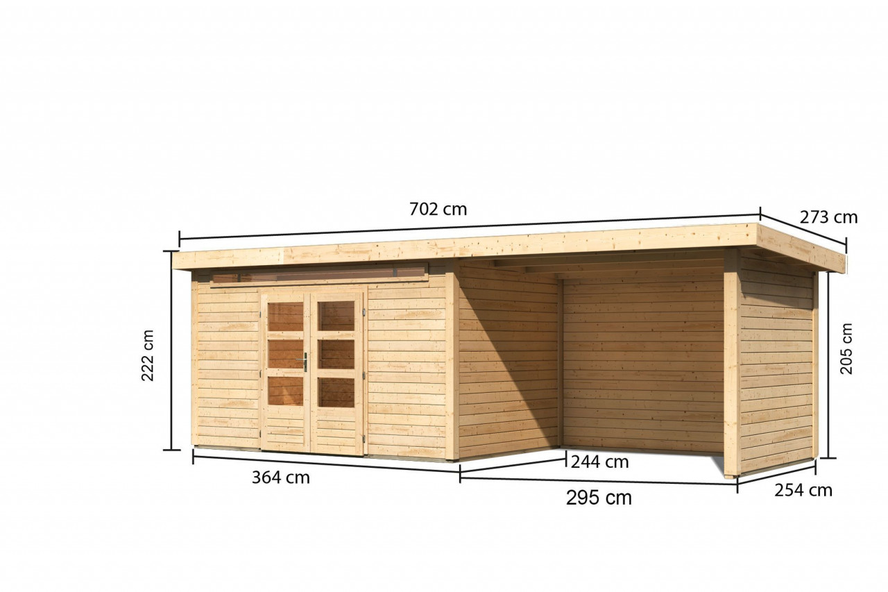 Gartenhaus Holz KANDERN 7 364 x 244 m 28 mm Flachdachhaus Naturbelassen inkl. 320 m Anbaudach + Rück und Seitenwand Gartenhaus Holz KANDERN 7 364 x 244 m 28 mm Flachdachhaus Naturbelassen inkl. 320 m Anbaudach + Rück und Seitenwand