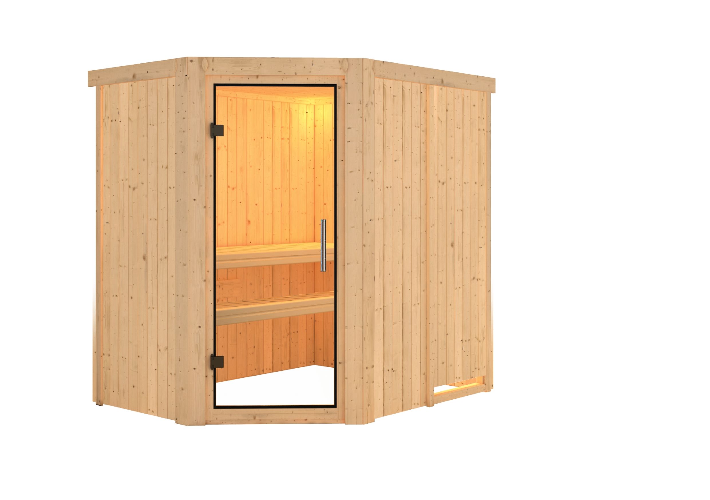 Karibu Sauna Saja - 68 mm Systemsauna - 230 Volt Plug & Play-Ohne Ofen-Ohne Dachkranz-Klarglas Ganzglastür