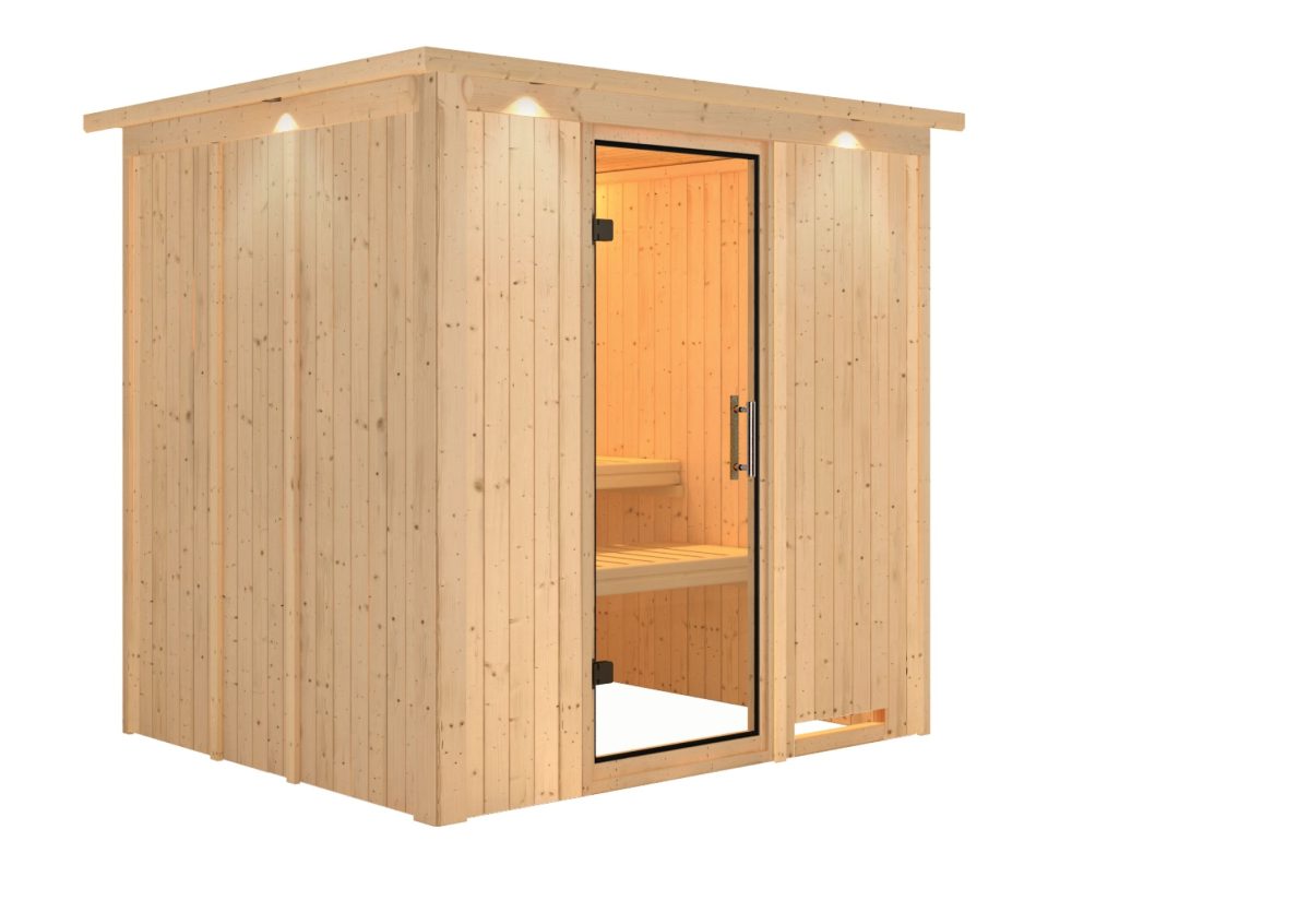 Karibu Sauna Daria – 68 mm Systemsauna – 230 Volt Plug & Play-Ohne Ofen-Inkl. Dachkranz-Klarglas Ganzglastür - Gallery 1 Karibu Sauna Daria – 68 mm Systemsauna – 230 Volt Plug & Play-Ohne Ofen-Inkl. Dachkranz-Klarglas Ganzglastür