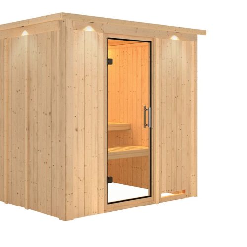 Karibu Sauna Daria – 68 mm Systemsauna – 230 Volt Plug & Play-Ohne Ofen-Inkl. Dachkranz-Klarglas Ganzglastür