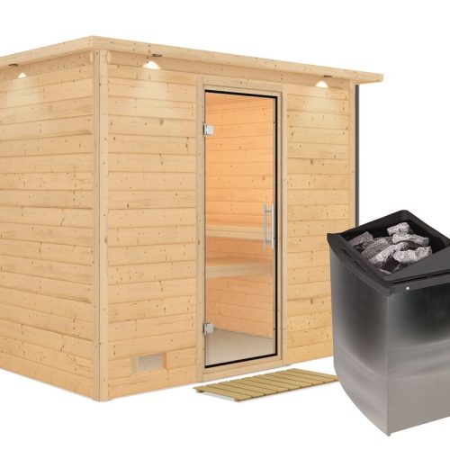 Karibu Sauna Sonara – Massivholzsauna mit Fronteinstieg 40 mm – 9 kW Ofen integr. Steuerung-Inkl. Dachkranz-Klarglas Ganzglastür Karibu Sauna Sonara – Massivholzsauna mit Fronteinstieg 40 mm – 9 kW Ofen integr. Steuerung-Inkl. Dachkranz-Klarglas Ganzglastür