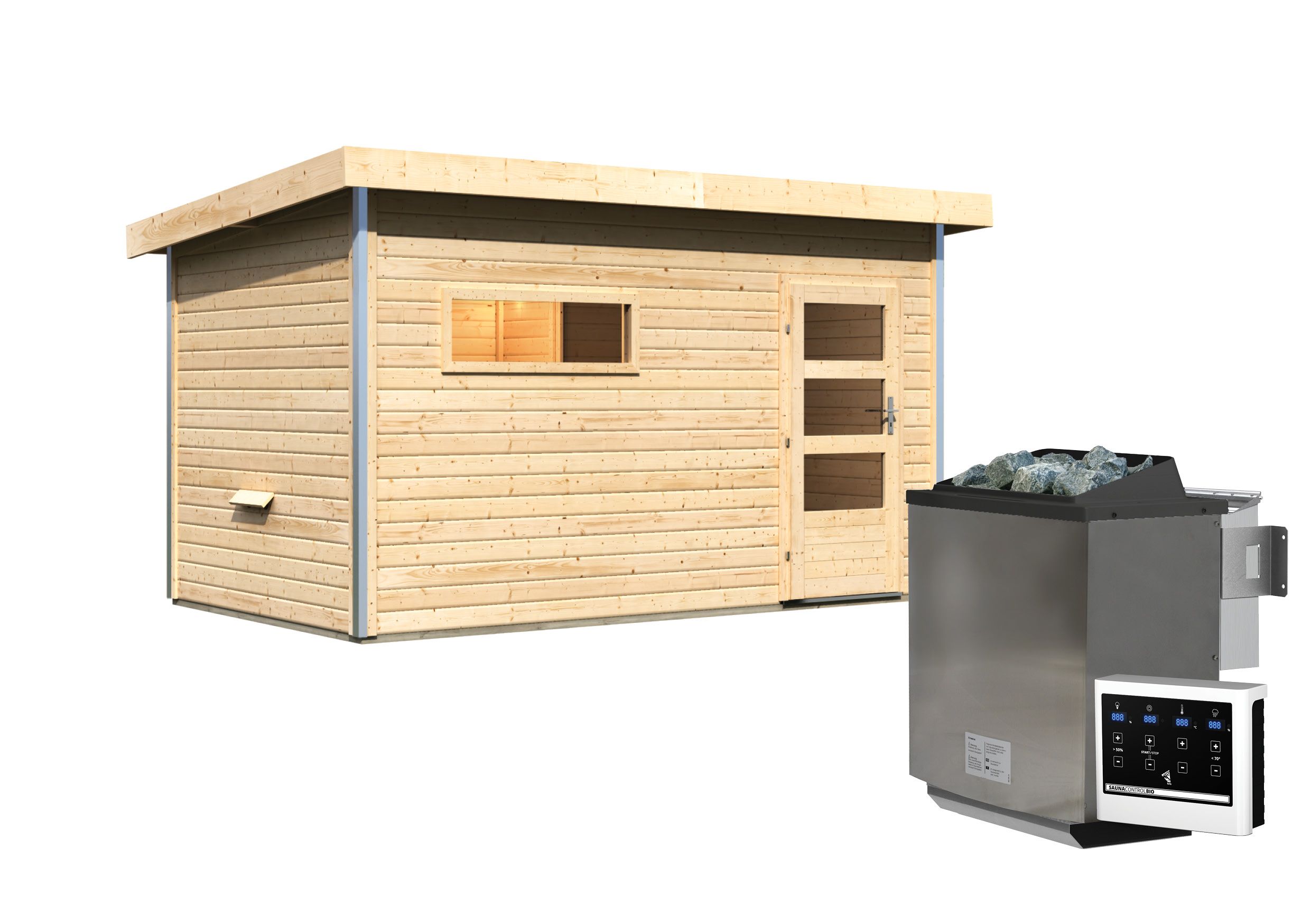 Karibu Saunahaus Skrollan 3 mit Vorraum naturbelassen-11 kW Bio-Kombiofen inkl. Steuergerät-Moderne Saunatür (Klarglas) - Gallery 1 Karibu Saunahaus Skrollan 3 mit Vorraum naturbelassen-11 kW Bio-Kombiofen inkl. Steuergerät-Moderne Saunatür (Klarglas)